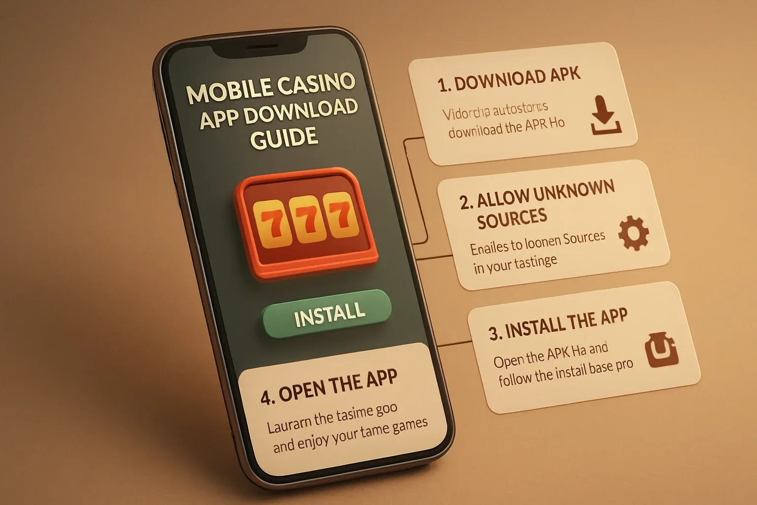 Step-by-step infographic showing Android phone APK installation for casino app