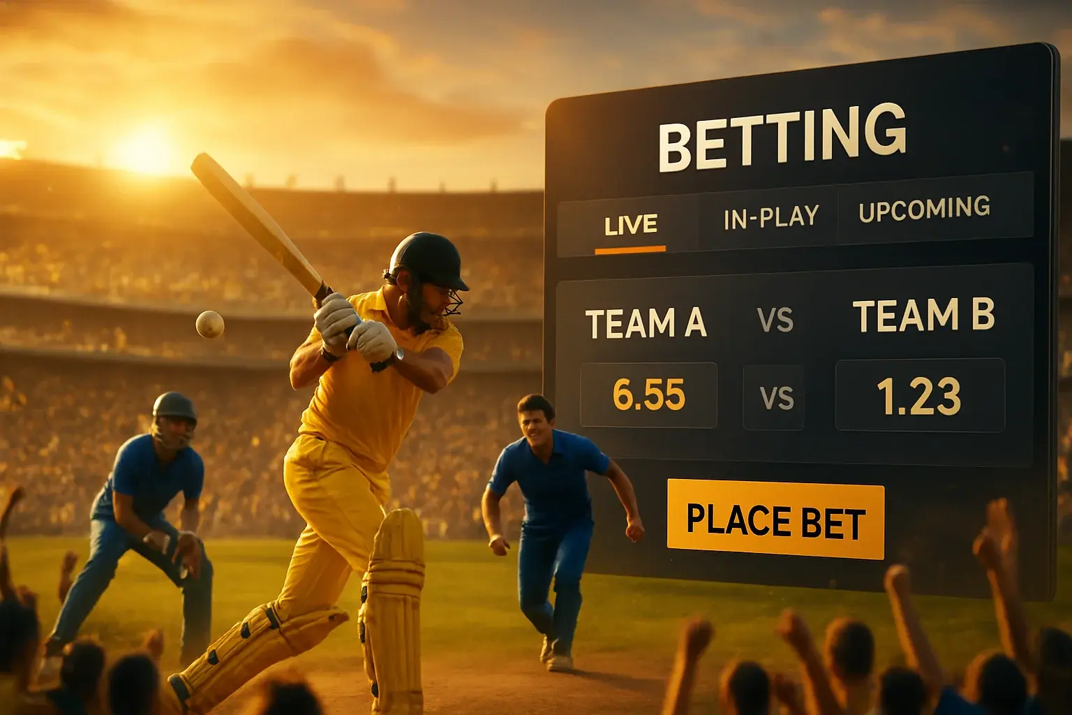 Sports betting banner with cricket action, stadium crowd, and interface overlay