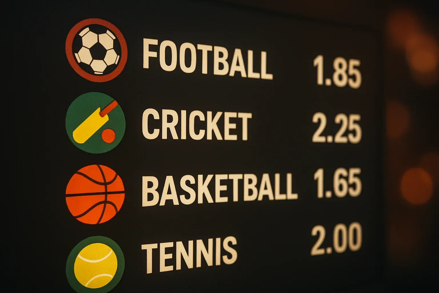 Sports betting markets with football cricket basketball tennis icons and odds