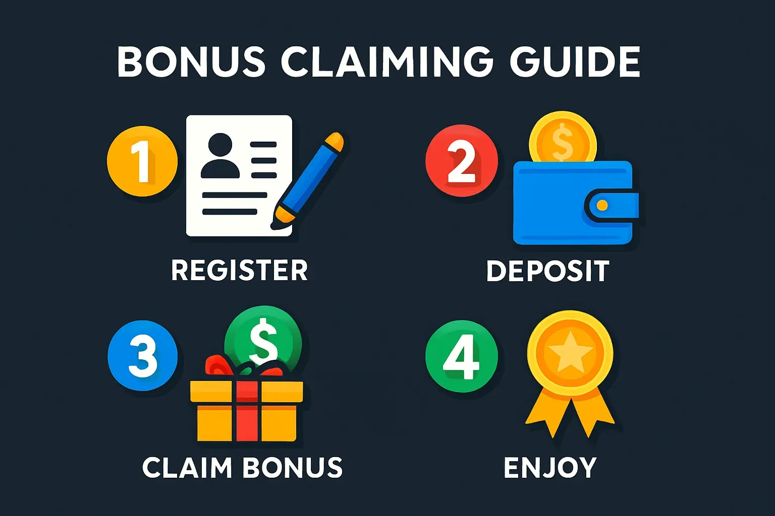 Modern infographic showing 1-2-3-4 bonus claiming steps on dark background