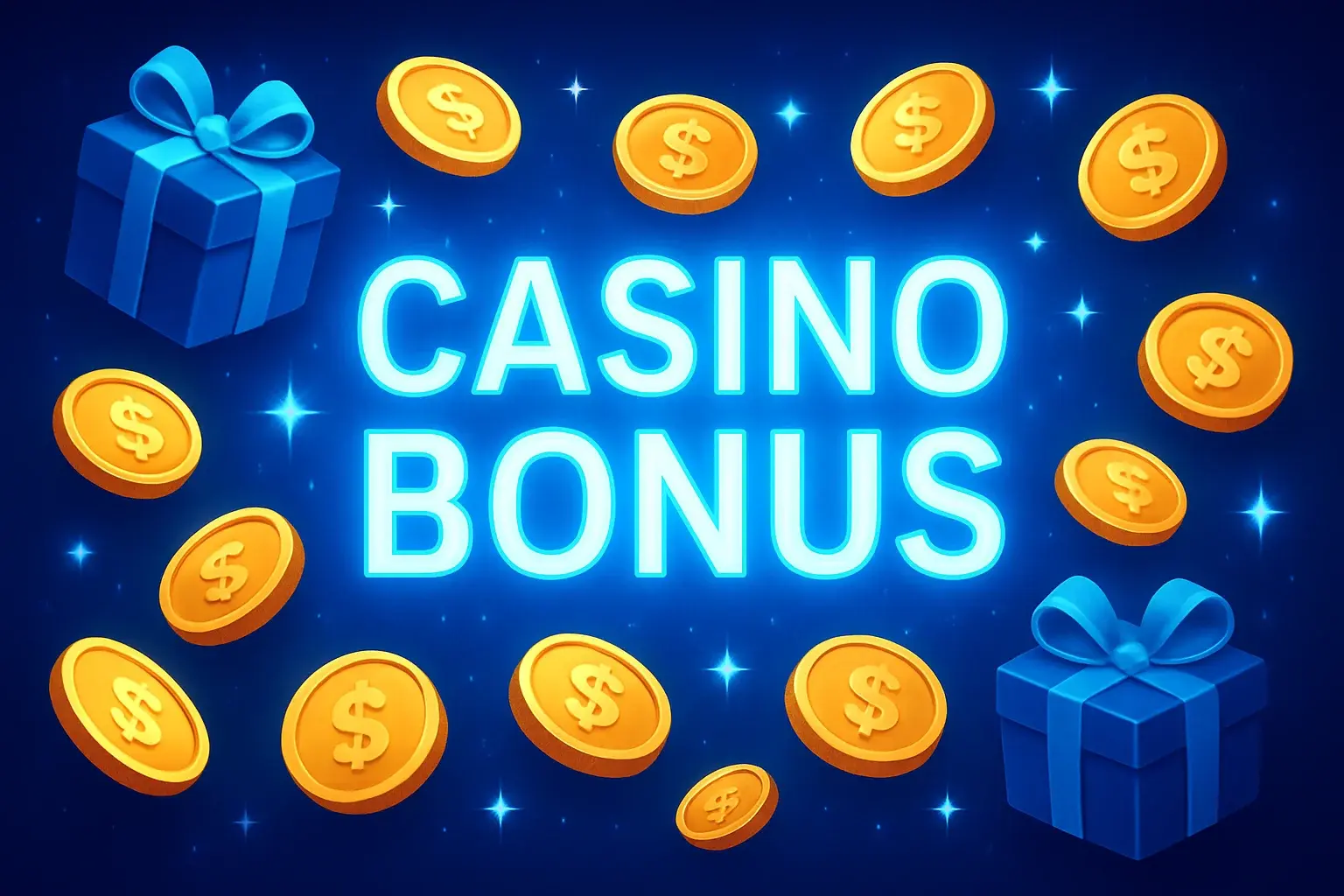 Vibrant casino bonus banner with golden coins, gift boxes, sparkles