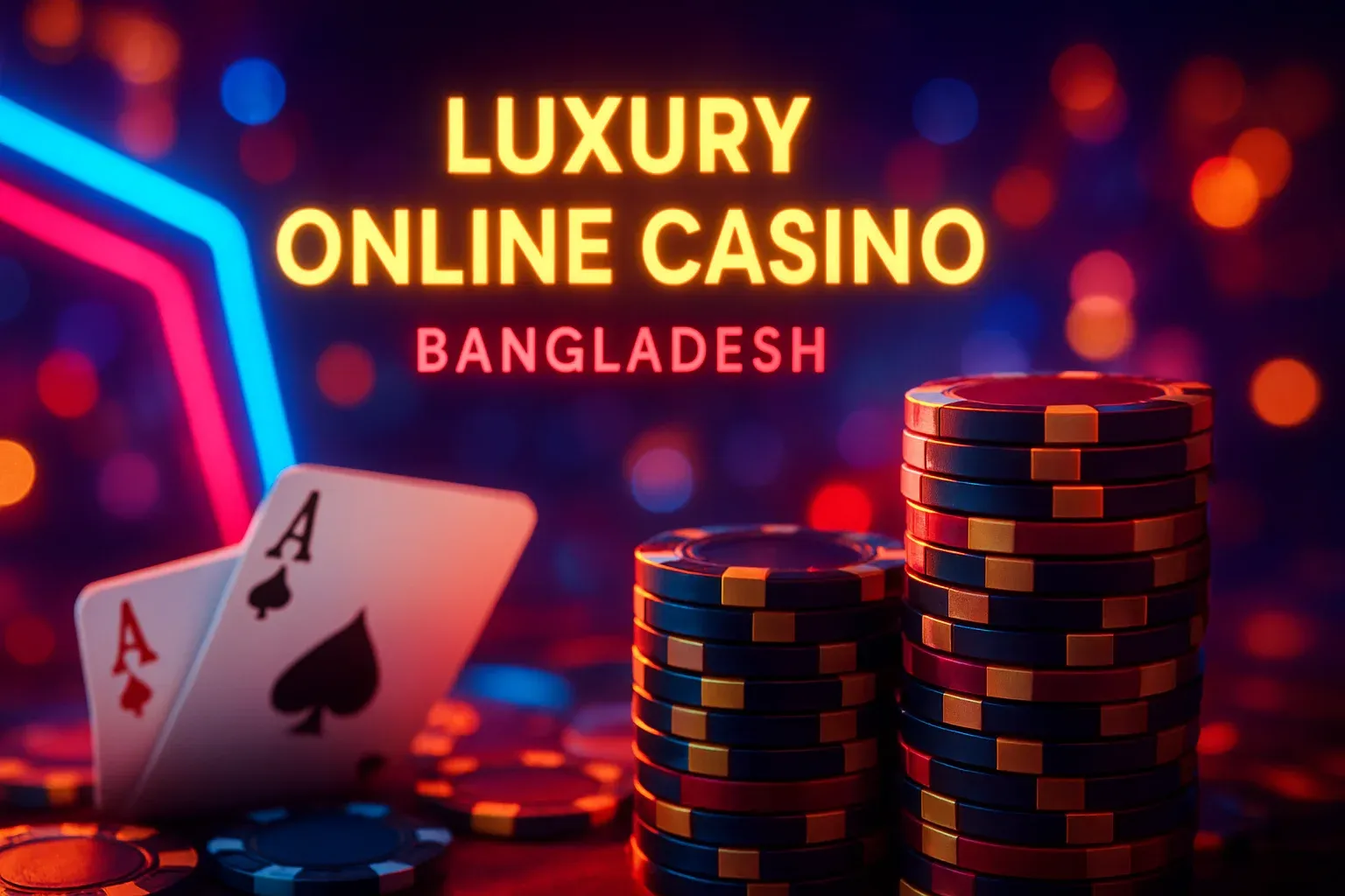 Luxury online casino hero banner with neon lights, chips and cards
