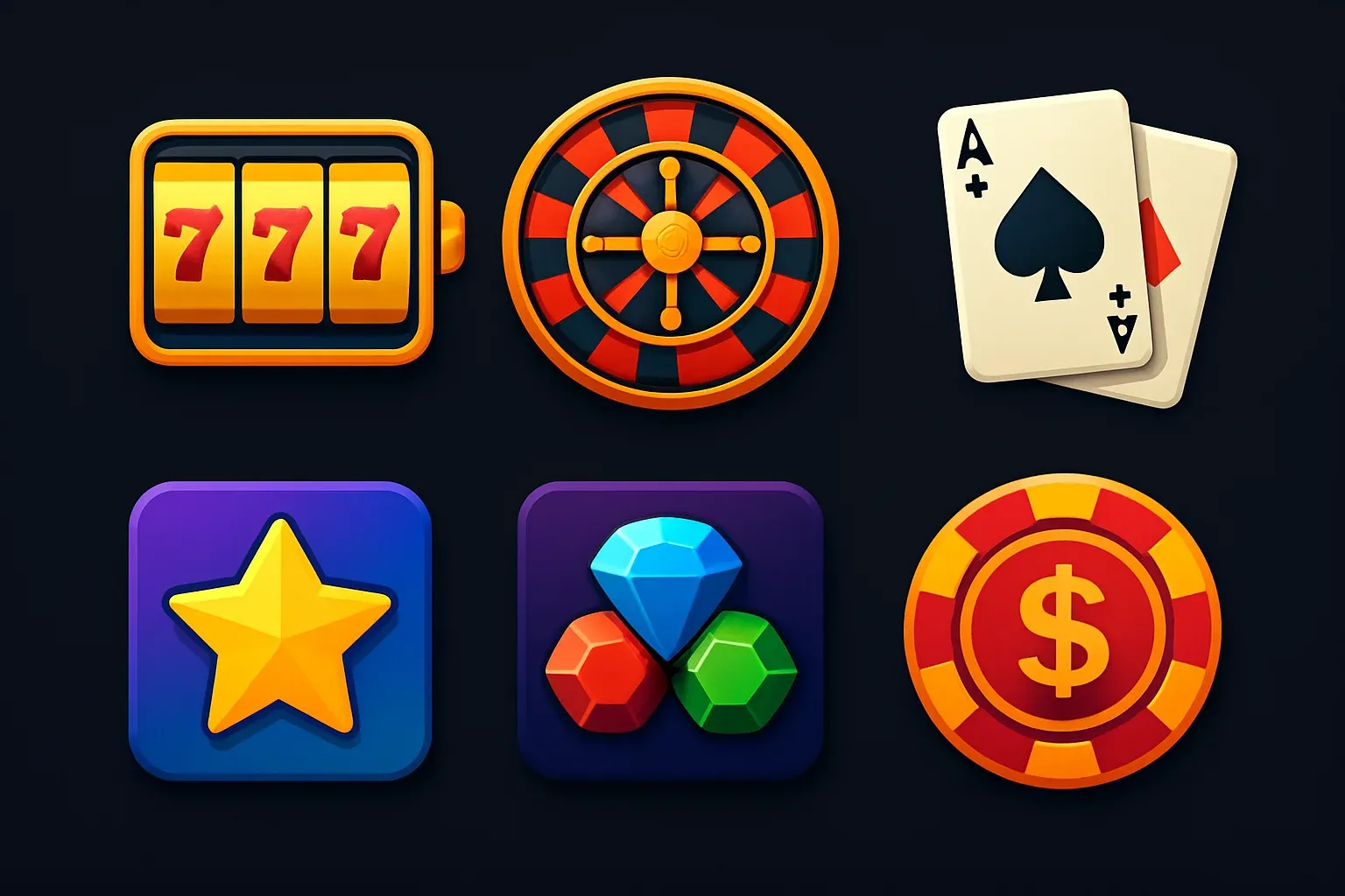 Popular casino game icons with slots, roulette, cards on dark background
