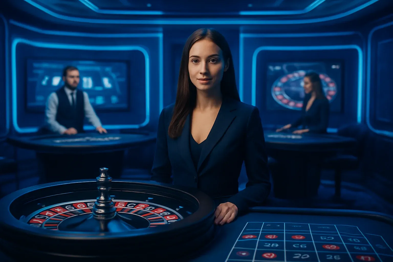 Elegant live casino studio with professional dealers and roulette blackjack screens