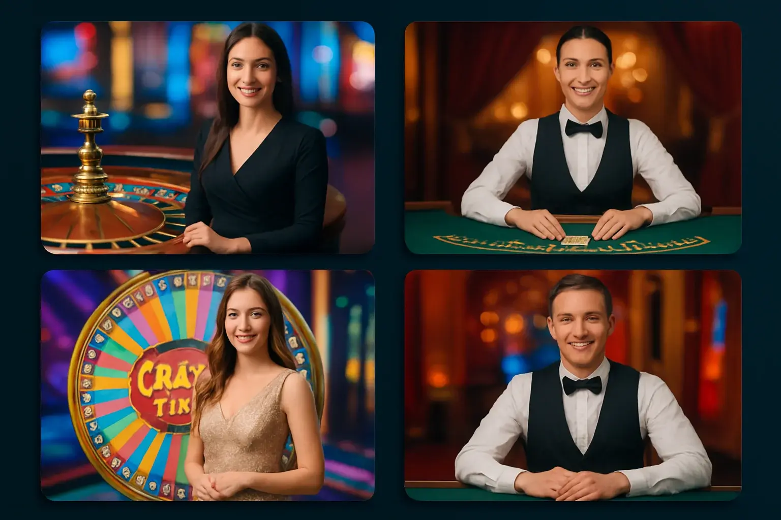 Live casino game cards with roulette, blackjack, Crazy Time, and dealer