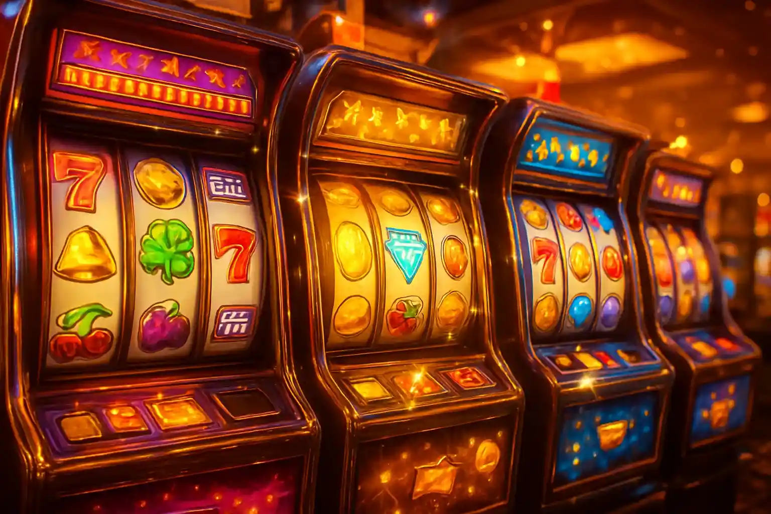 Colorful casino slot machines collage with reels, coins, diamonds, and 7s