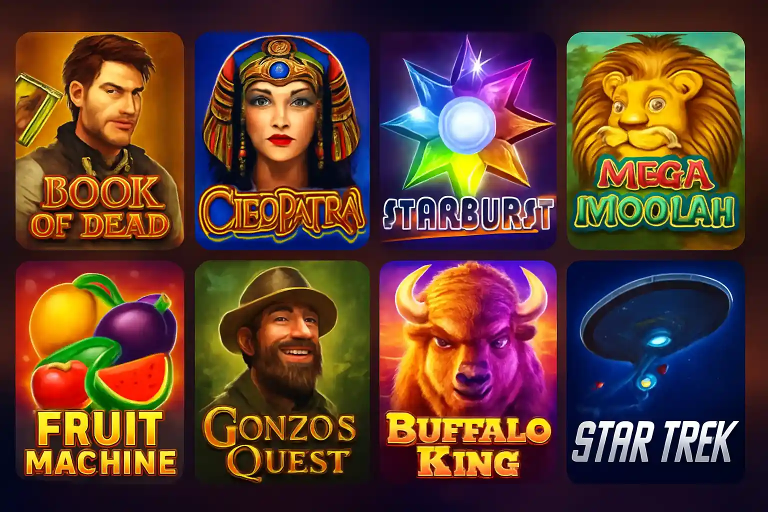 Grid of colorful slot game thumbnails with Egypt, fantasy, fruit, sci-fi themes
